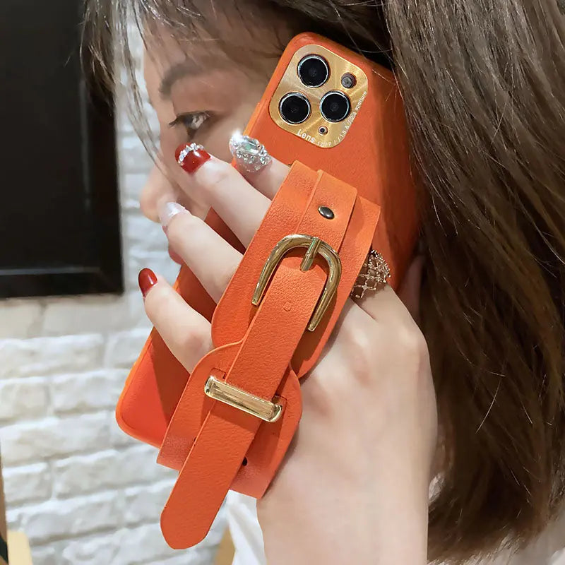 Button Leather Wristband Phone Case